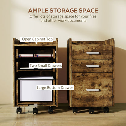 HOMCOM 3 Drawer Filing Cabinet, Rolling File Cabinet with Edged Top for Letter, A4 Size, Hanging File Folders, Rustic Brown