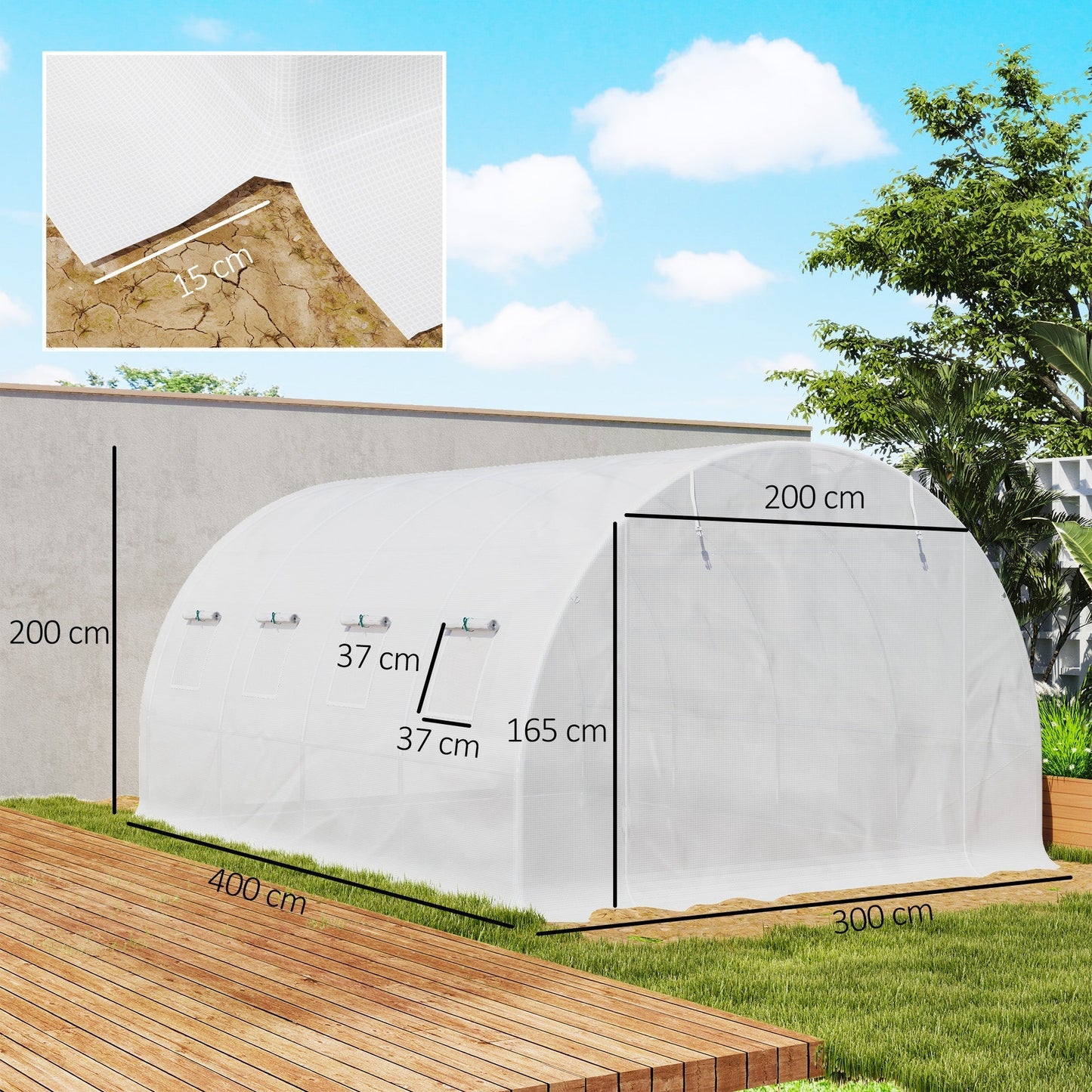 Outsunny 4 x 3 x 2m Polytunnel Greenhouse Replacement Cover ONLY Winter Garden Plant PE Cover for Tunnel Walk-in Greenhouse with Roll-up Windows Door Outdoor, White