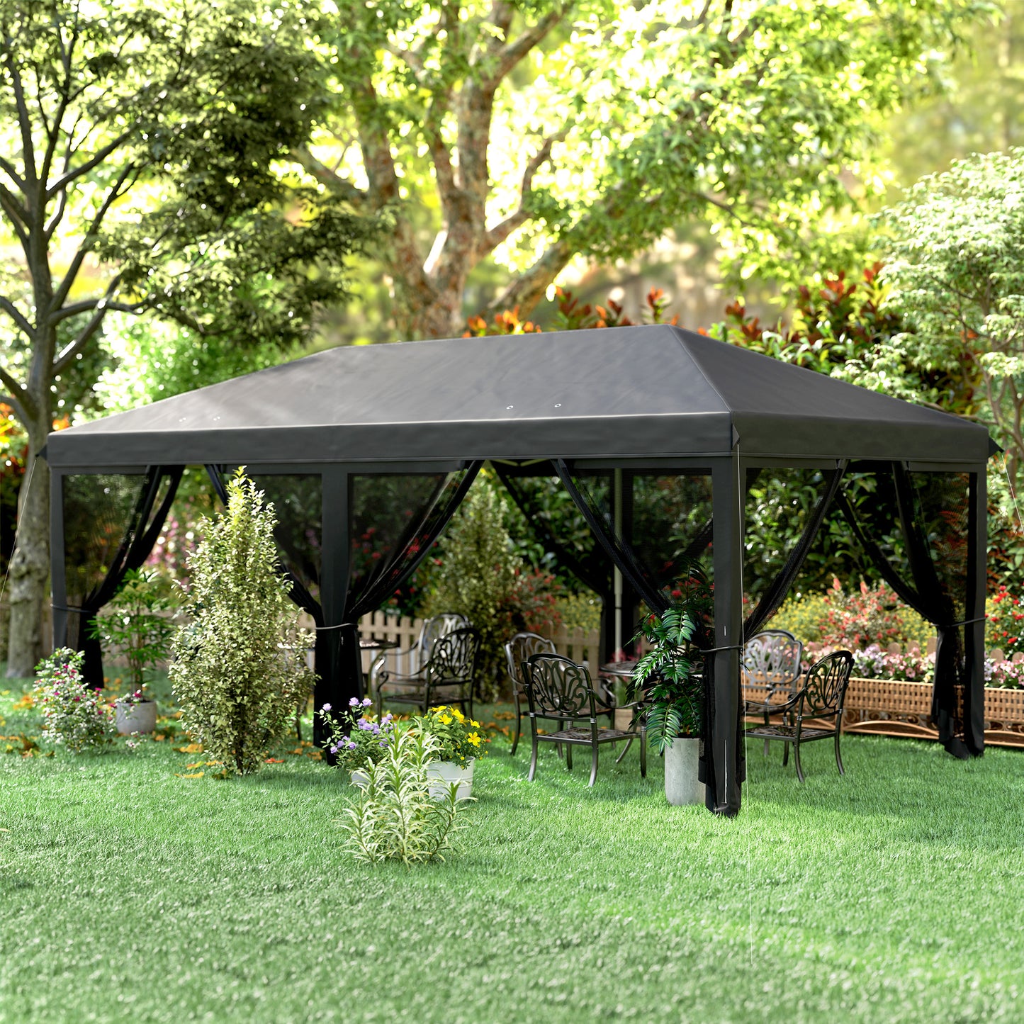 Outsunny 3 x 6m Pop Up Gazebo, zadaszenie zewnętrzne, namiot imprezowy na wesele z 6 ściankami z siatki i torbą transportową, czarny