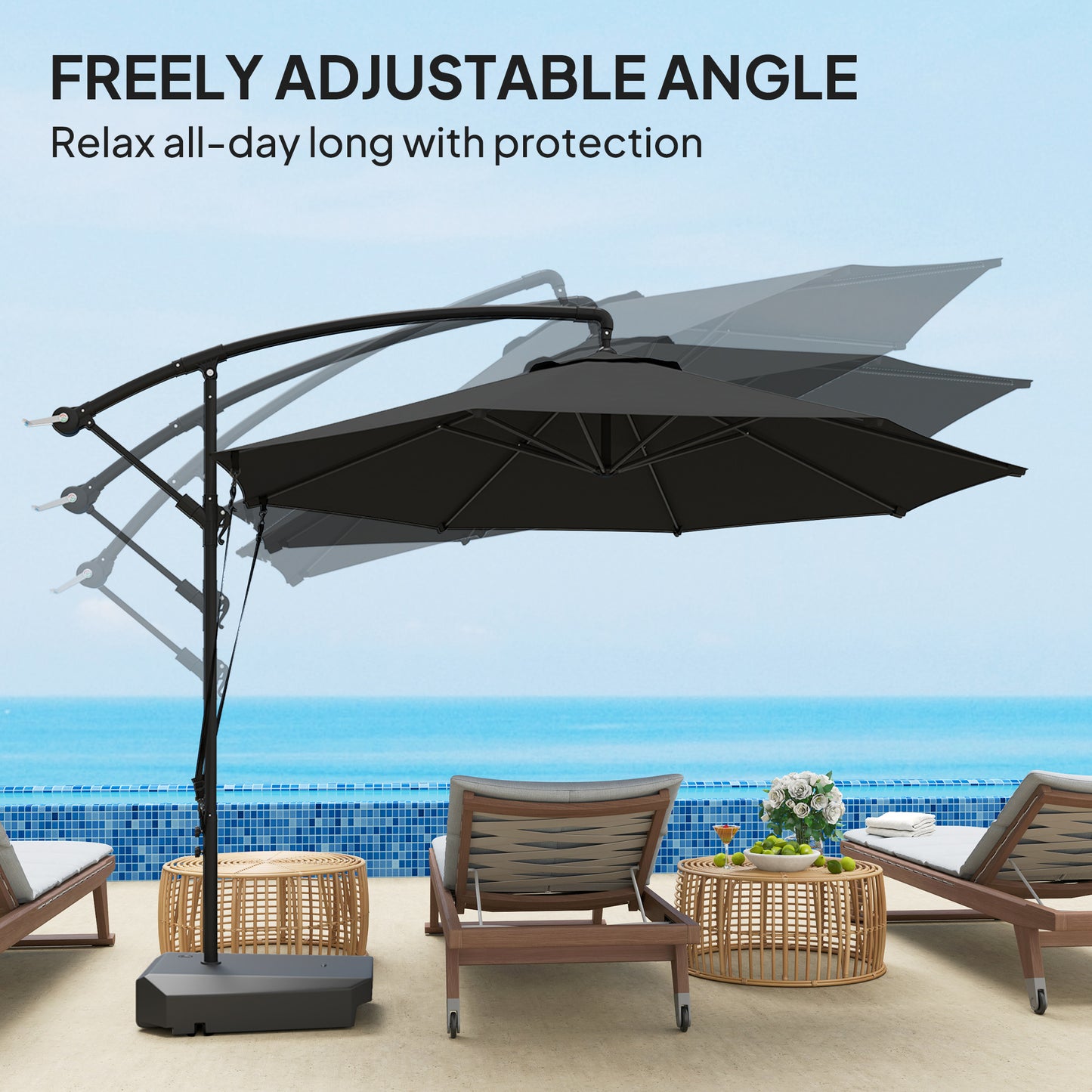 Outsunny 3(m) Parasol ogrodowy z wysięgnikiem i podstawą do napełniania do 90 kg, pasek chroniący przed wiatrem, pokrowiec, okrągły wiszący parasol typu banan z korbką i funkcją pochylania, UPF50+ Parasol tarasowy, szary