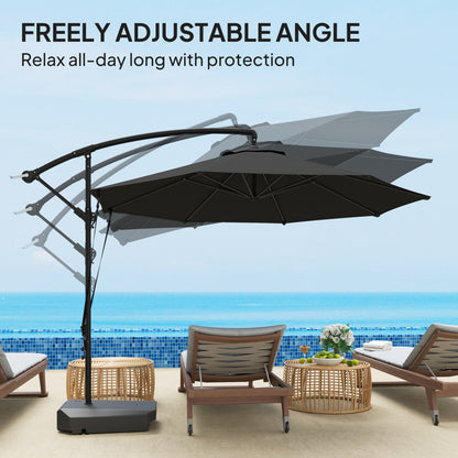 Outsunny 3(m) Parasol ogrodowy z wysięgnikiem i podstawą do napełniania do 90 kg, pasek chroniący przed wiatrem, pokrowiec, okrągły wiszący parasol typu banan z korbką i funkcją pochylania, UPF50+ Parasol tarasowy, szary