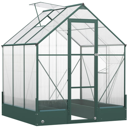 Outsunny Garden Walk-in Aluminium Greenhouse Polycarbonate with Plant Bed, Temperature Controlled Window, Foundation, 6 x 6ft