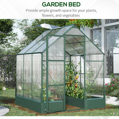 Outsunny Garden Walk-in Aluminium Greenhouse Polycarbonate with Plant Bed, Temperature Controlled Window, Foundation, 6 x 6ft