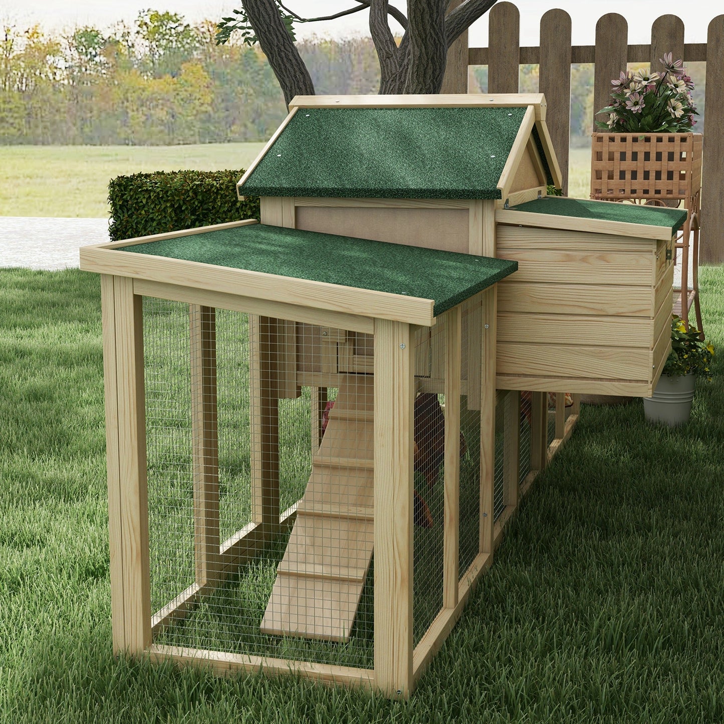 PawHut Large Chicken Coop with Run Backyard Hen House Poultry Coops Cages with Nesting Box Wooden 204 x 85 x 93cm