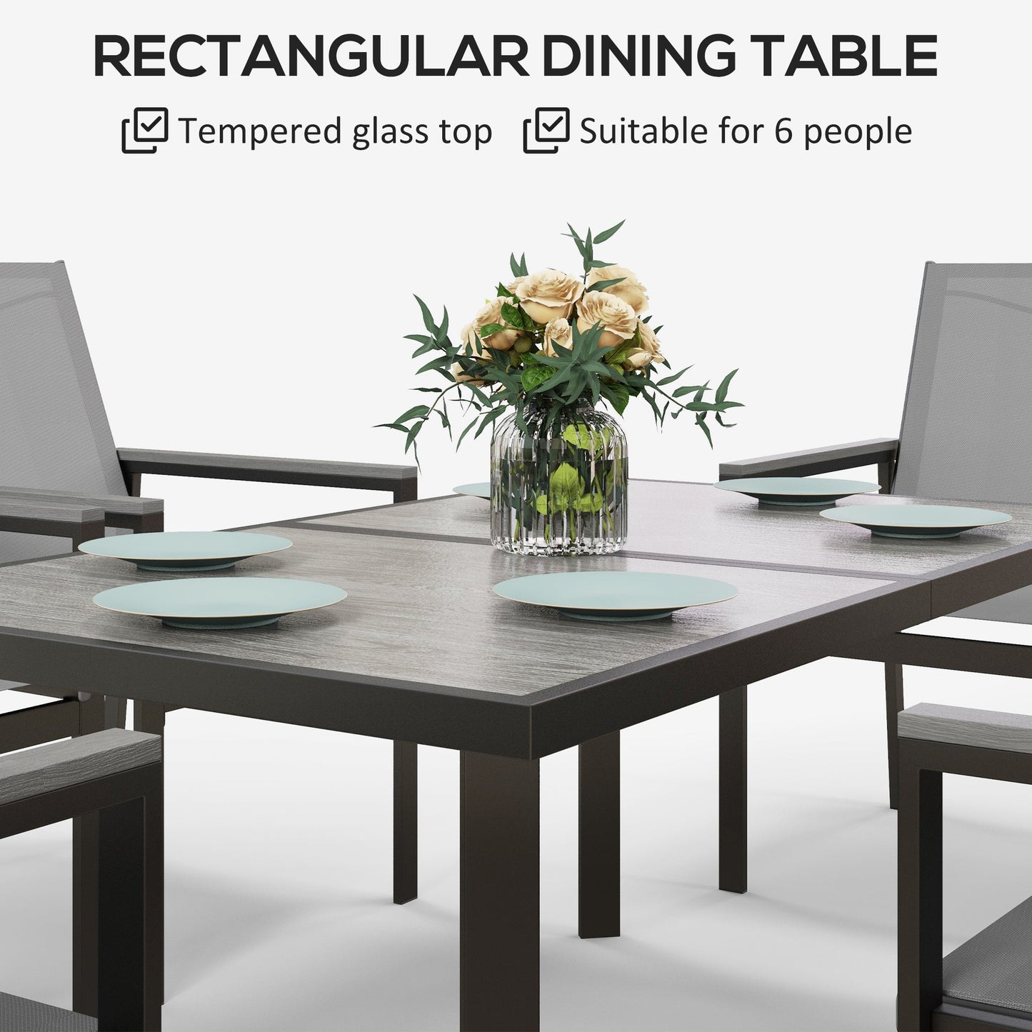 Outsunny Seven-Piece Metal Dining Set, with Glass-Top Table - Grey