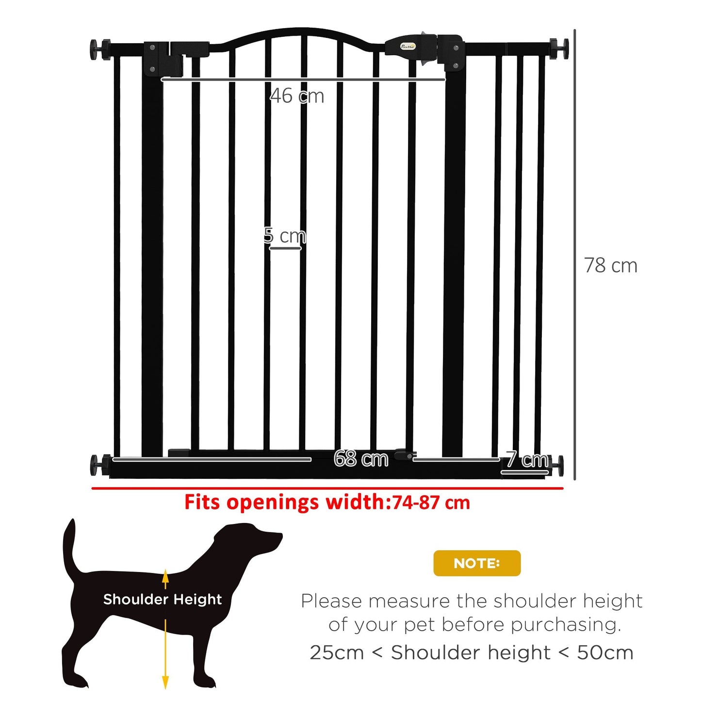 PawHut Metal 74-87cm Adjustable Pet Gate Safety Barrier w/ Auto-Close Door Black