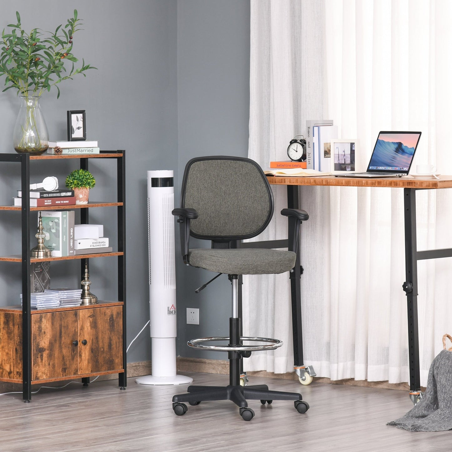 Vinsetto Ergonomic Drafting Chair Tall Office Stand Desk Chair with Foot Ring, Arm, 360° Swivel Wheels, Grey