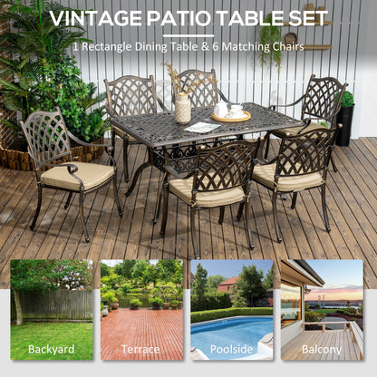 Outsunny 7 PCs Garden Patio Dining Set with Parasol Hole, Cast Aluminium Outdoor Furniture Set with Six Cushioned Chairs and Rectangle Dining Table, for Garden, Lawn, Deck, Bronze Tone