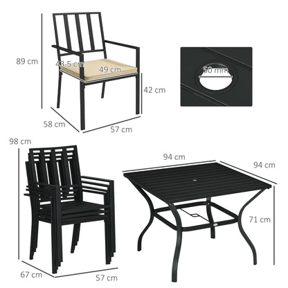 Outsunny 5 Pieces Garden Dining Set with Cushions, Outdoor Patio Table and 4 Stackable Chairs, Metal Top Table with Umbrella Hole, Black