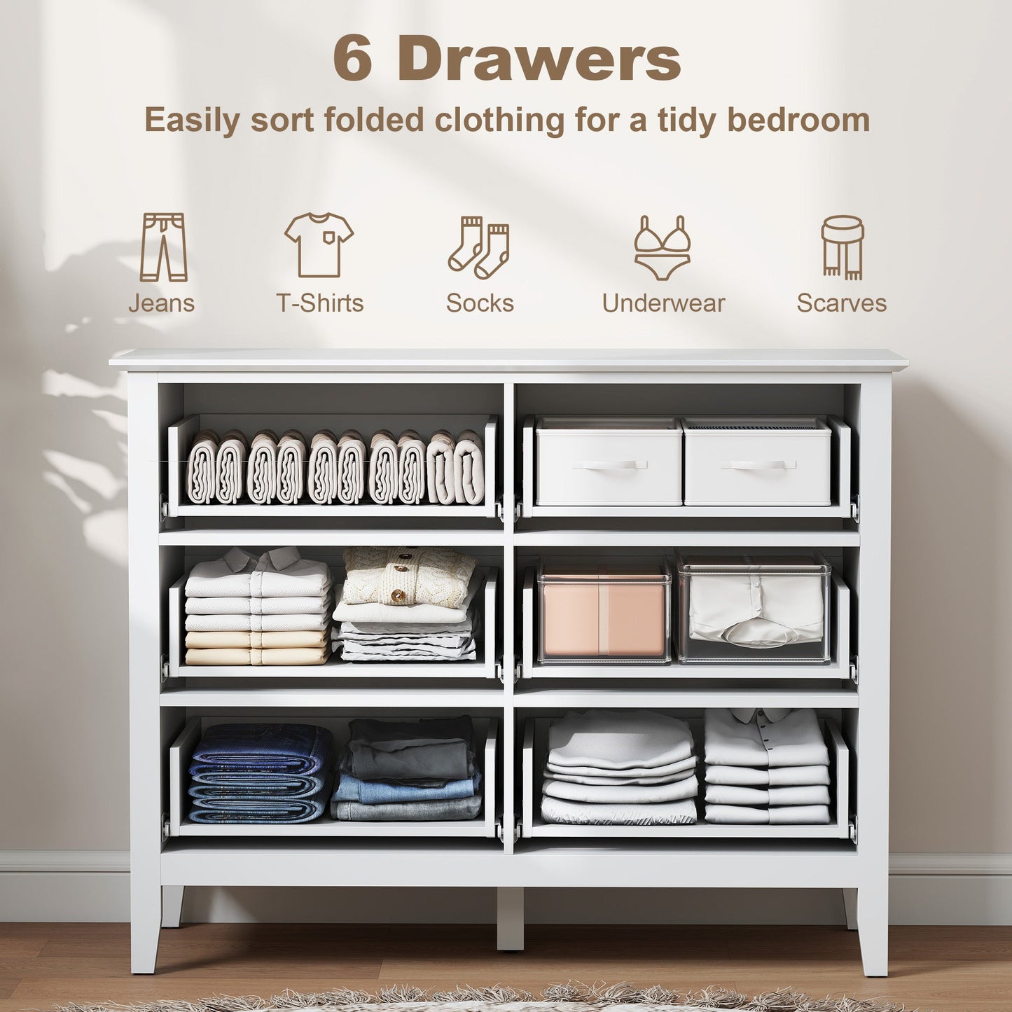 HOMCOM Fluted Dresser, 6 Drawer Chest of Drawers for Bedroom, Living Room, Hallway, Closet, White