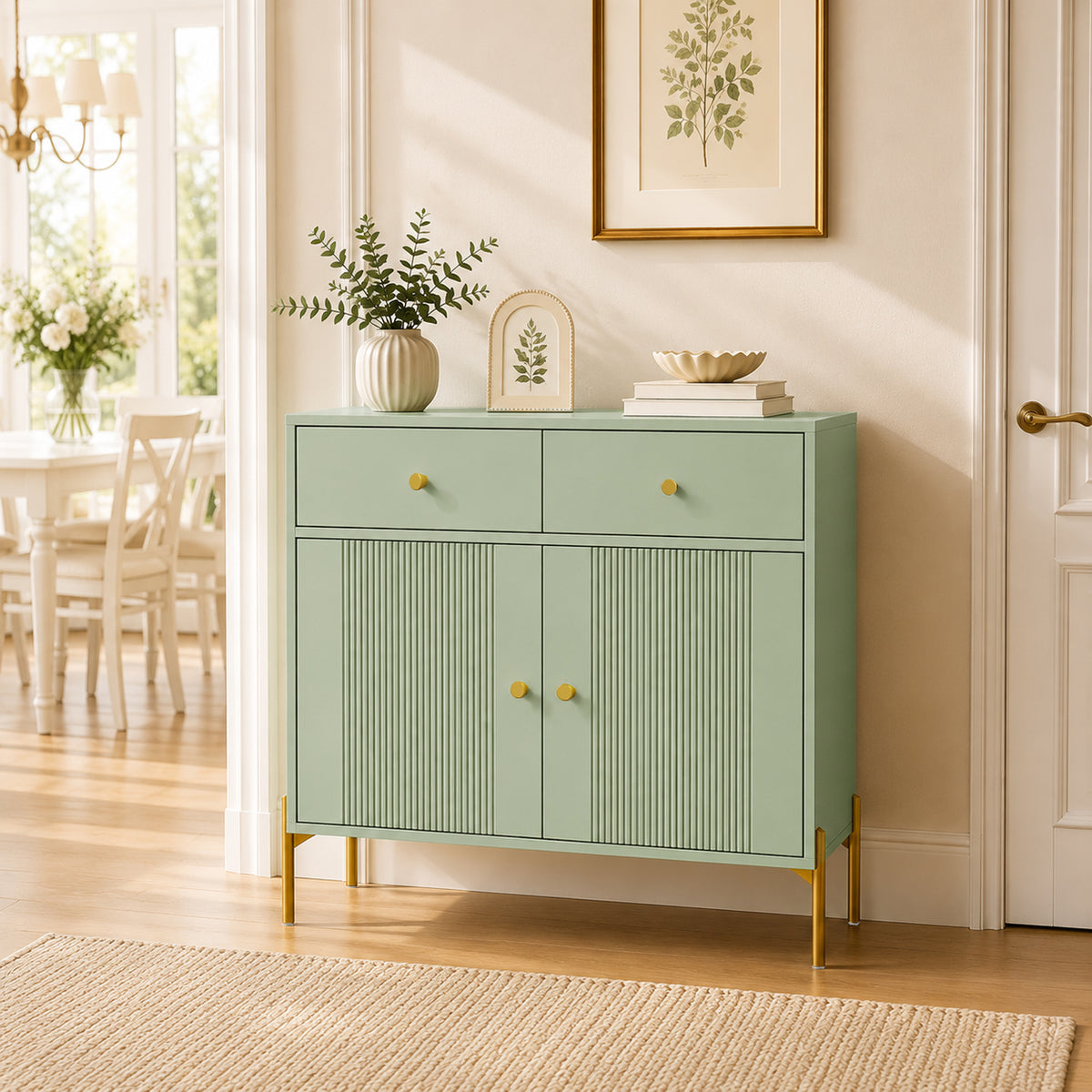 HOMCOM Modern Sideboard, Sideboard Storage Cabinet with 2 Drawers and Adjustable Shelf for Living Room, Light Green