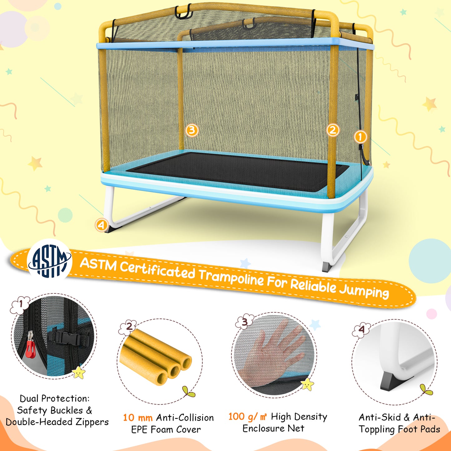 190CM 3-in-1 Kids Rectangle Trampoline with Enclosure Net and Horizontal Bar-Yellow