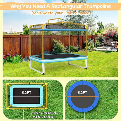 190CM 3-in-1 Kids Rectangle Trampoline with Enclosure Net and Horizontal Bar-Yellow