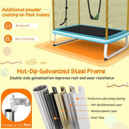 190CM 3-in-1 Kids Rectangle Trampoline with Enclosure Net and Horizontal Bar-Yellow