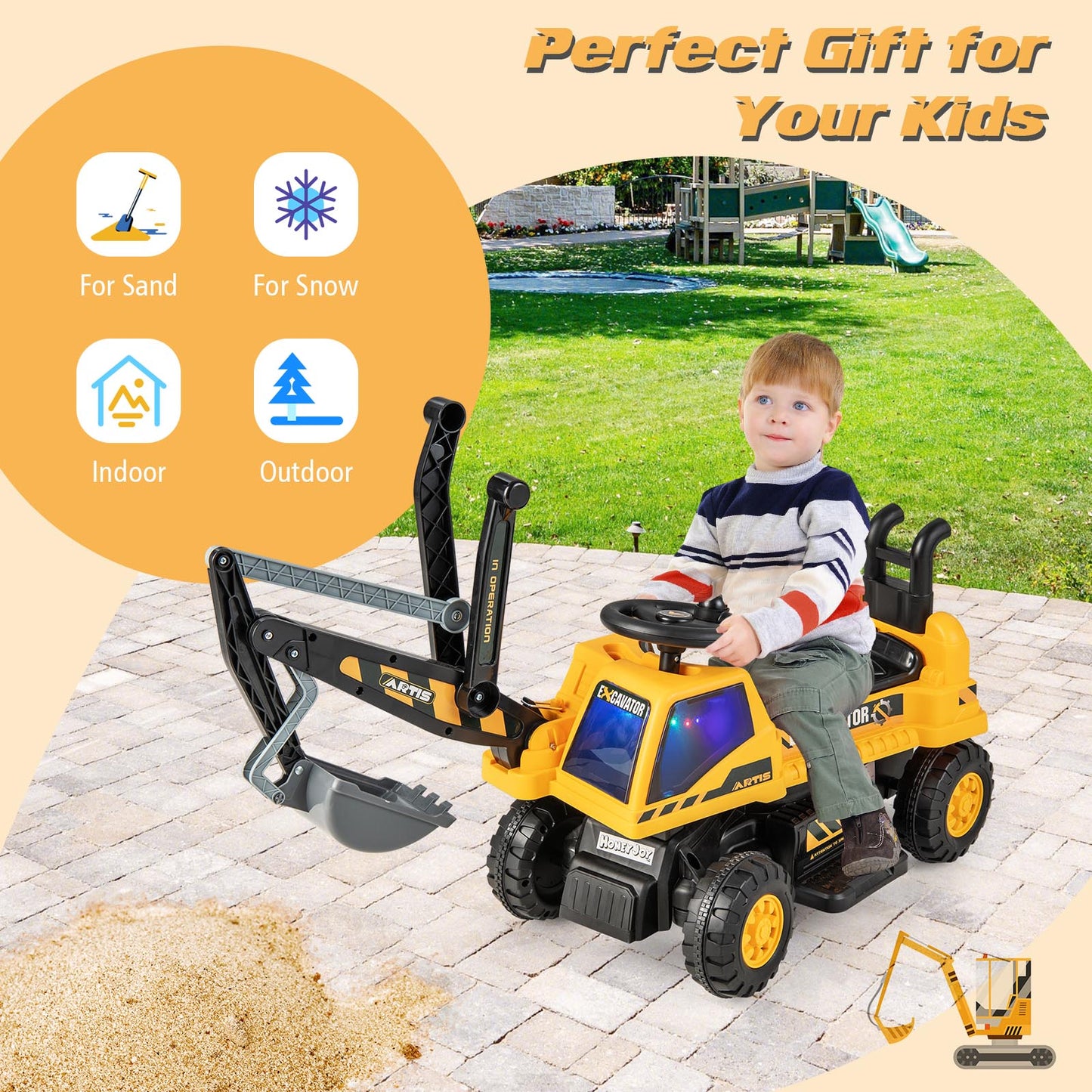 Kids Ride On Excavator with Rotating Seat and Underneath Storage-Yellow