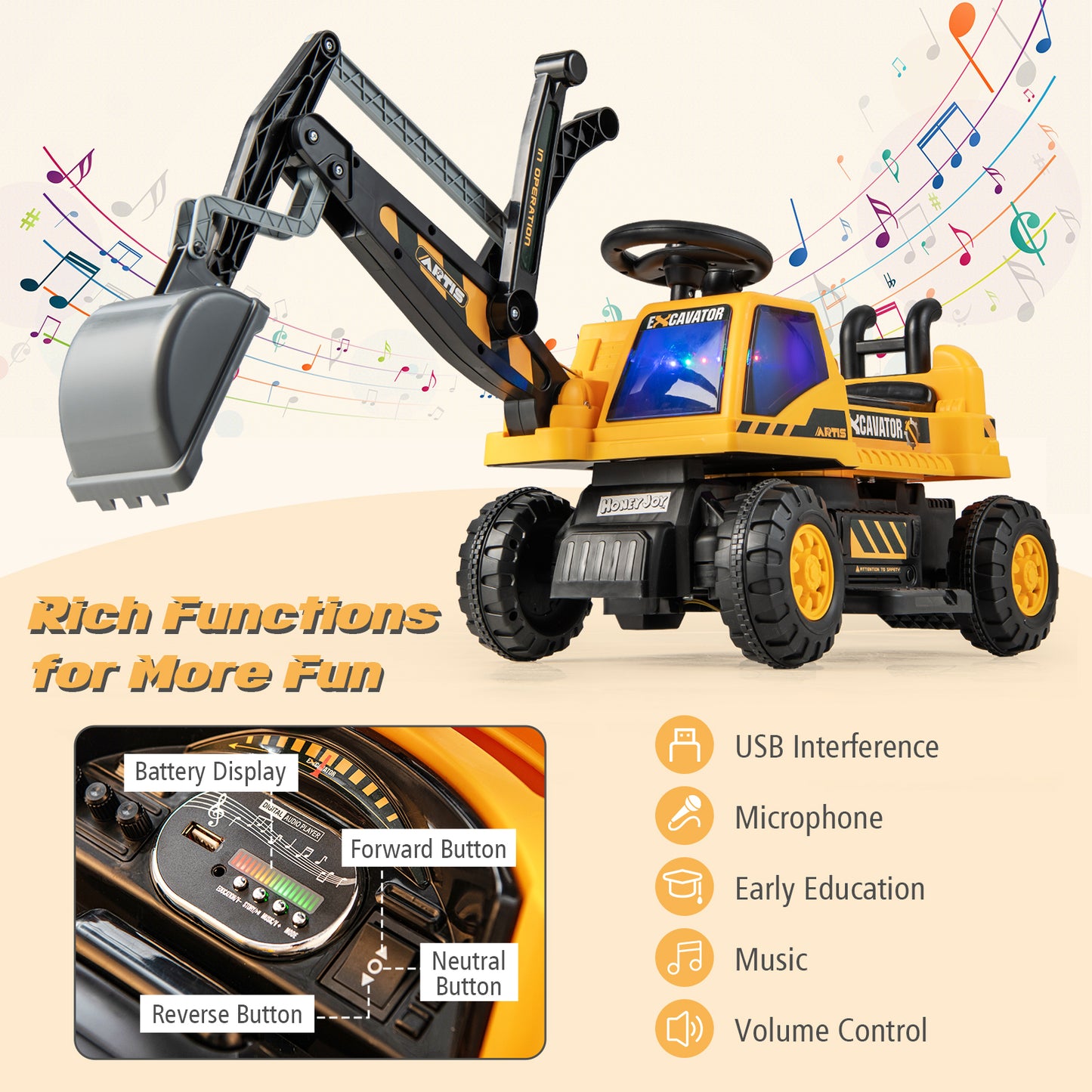 Kids Ride On Excavator with Rotating Seat and Underneath Storage-Yellow