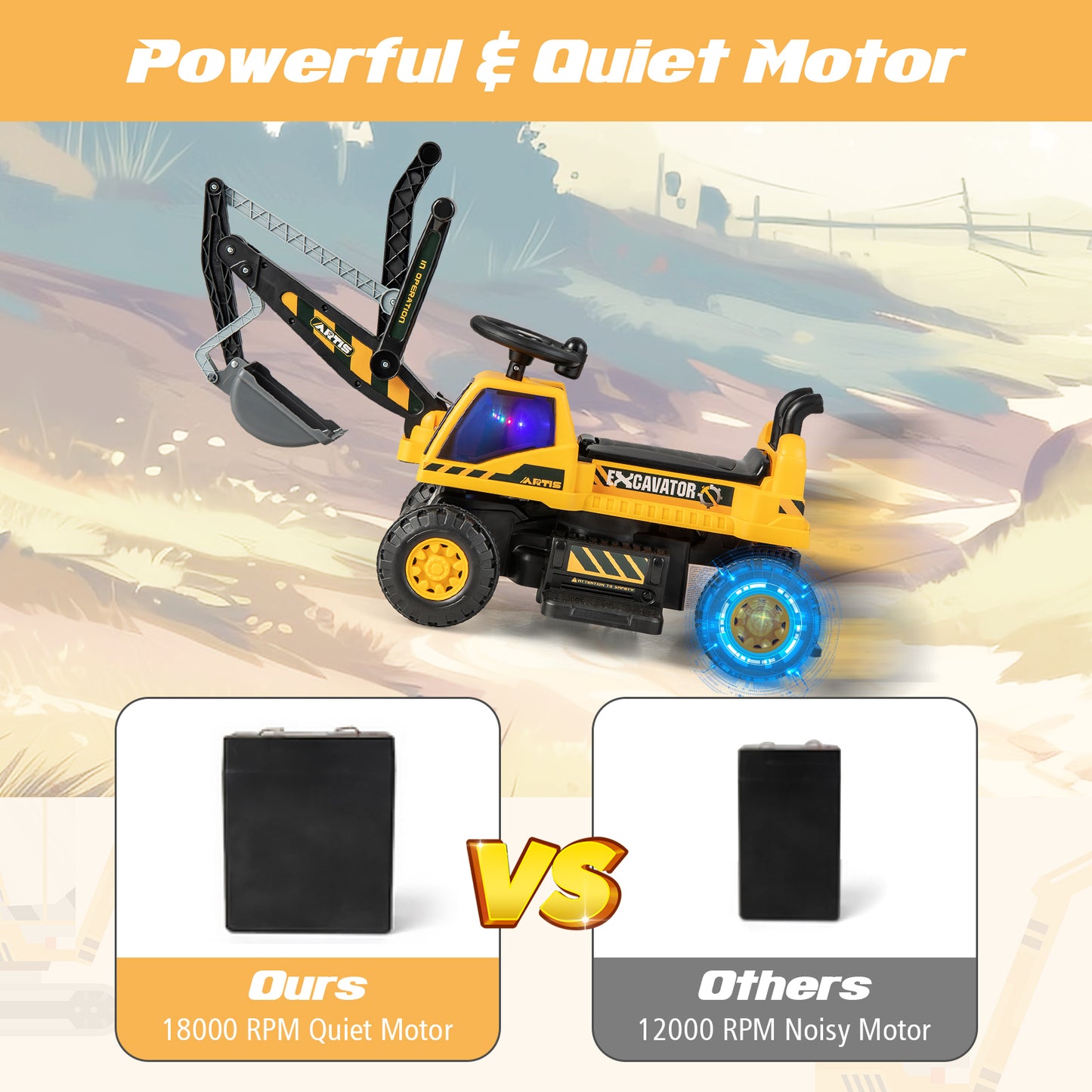 Kids Ride On Excavator with Rotating Seat and Underneath Storage-Yellow