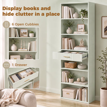 HOMCOM Bookcase Narrow Tall Space-Saving Bookshelf Drawer Open Shelves 60 x 24 x 182 cm Light Green