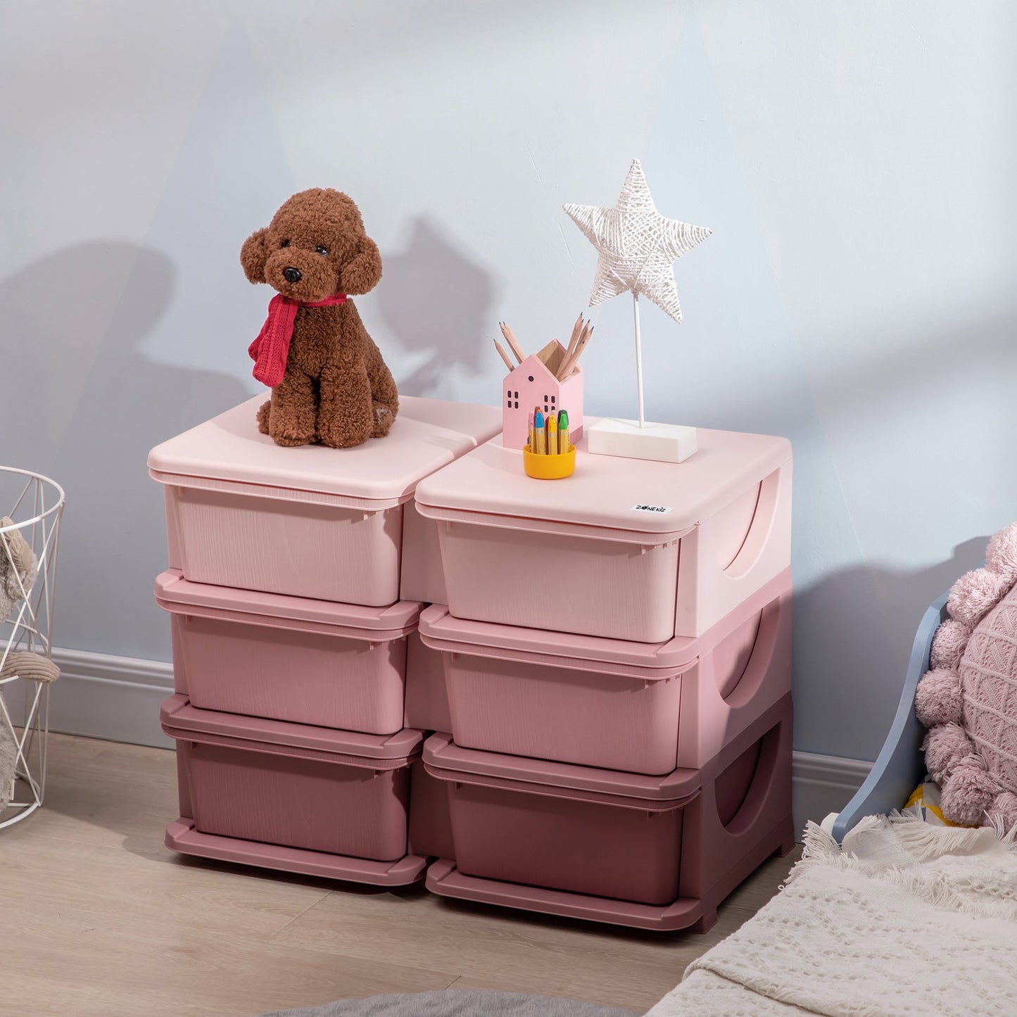 ZONEKIZ Kids Storage Units with 6 Drawers, 3 Tier Kids Toy Storage Organizer, Vertical Dresser Tower for Nursery Playroom Kindergarten, Pink