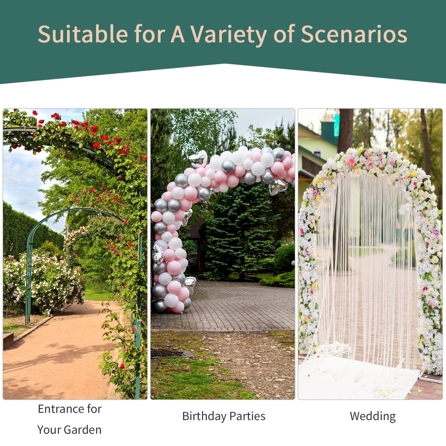 Outsunny Metal Decorative Garden Rose Arch Arbour Trellis for Climbing Plants Support Archway Wedding Gate 120L x 30W x 226H (cm)