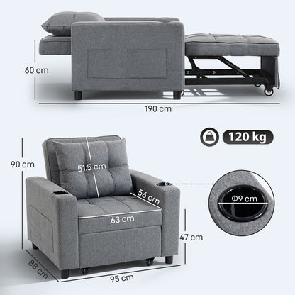 HOMCOM 3-in-1 Single Sofa Bed, Convertible Sleeper Chair Bed - Dark Grey