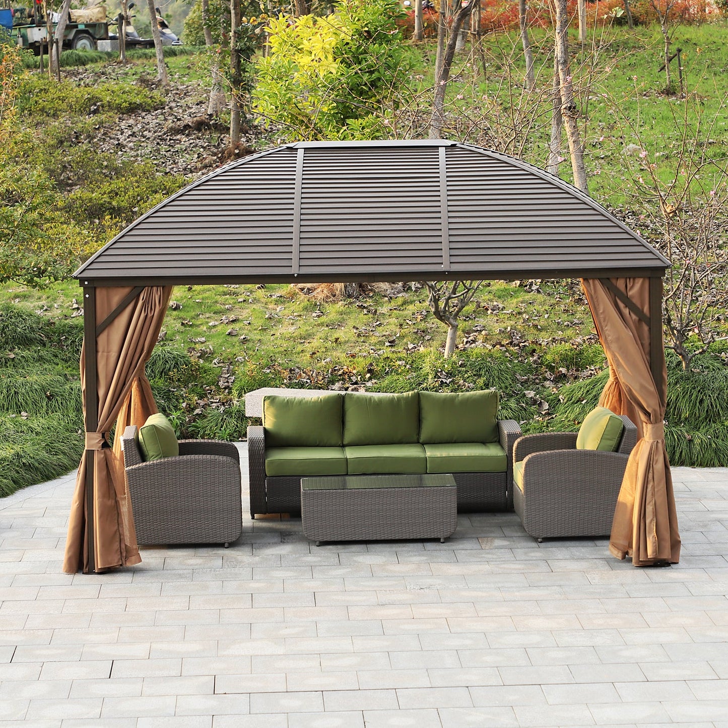 Outsunny Steel/Aluminium Hardtop Gazebo, 398Lx298W cm-Brown/Khaki