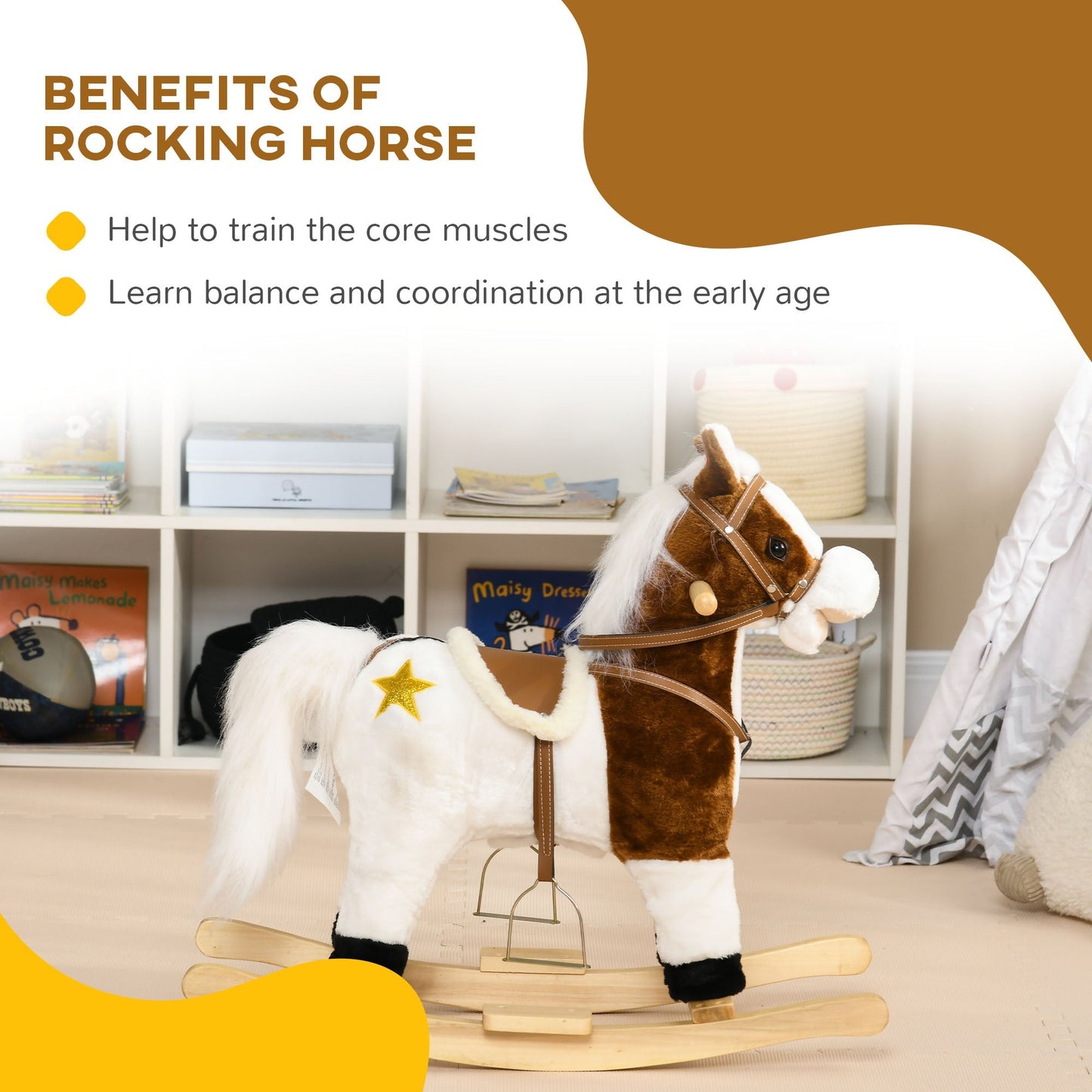 Rocking Horse with Music Sound, Ride On Horse with Saddle Gift for 3-6 Years Old Girl and Boy, Brown