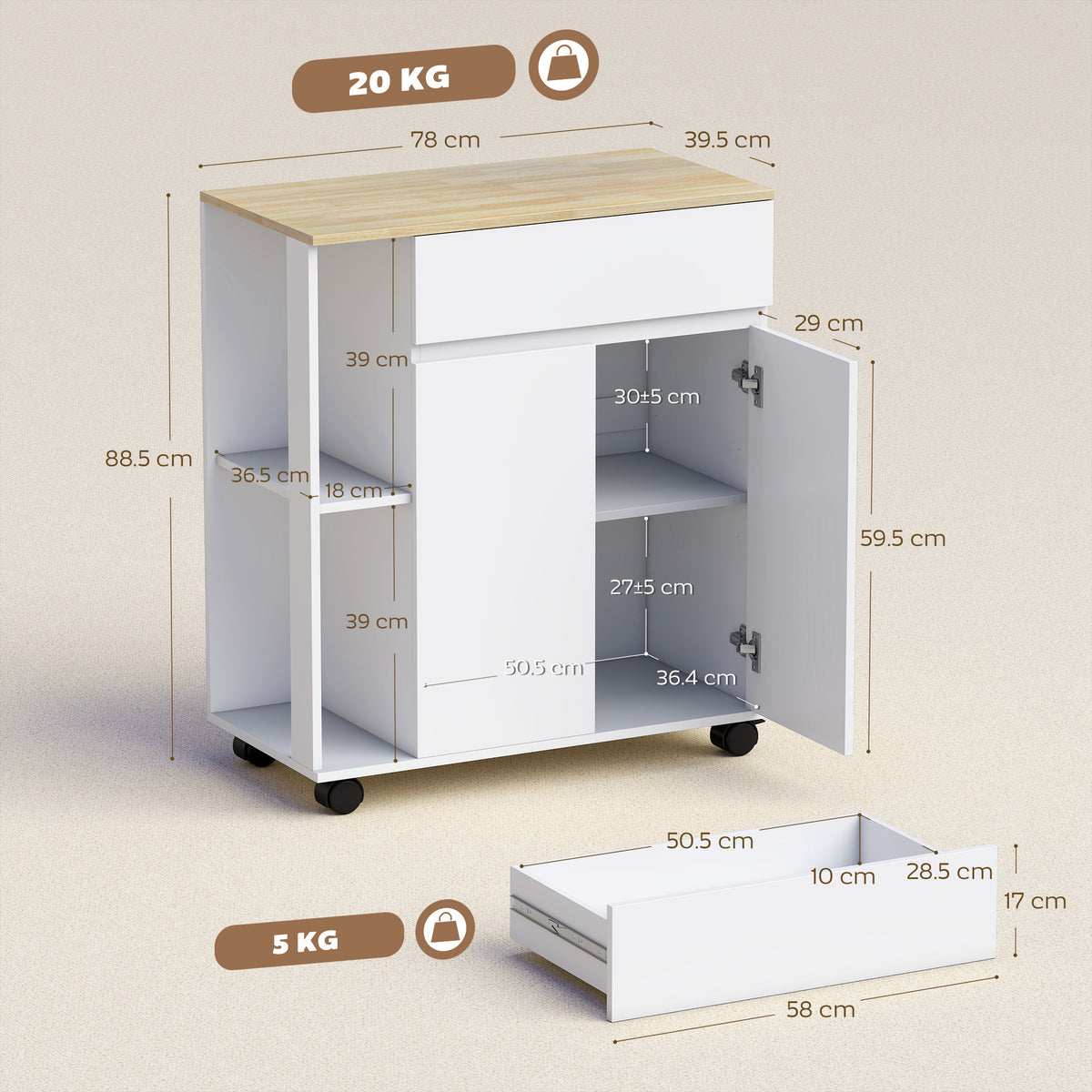 HOMCOM Kitchen Storage Trolley Cart with Cabinet, Drawer and Open Shelves, White