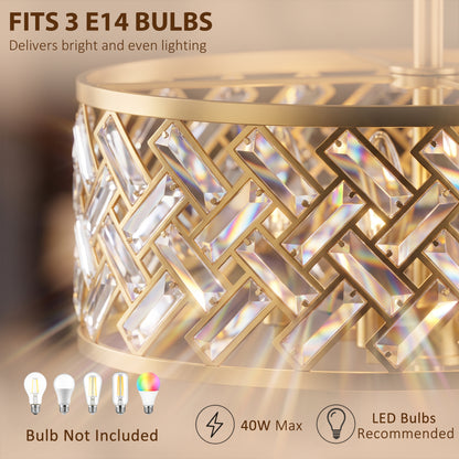 HOMCOM 3-Light Crystal Glass Ceiling Light, Modern Ceiling Lamp w/ 3 E14 Sockets for Living Room, Bulb Not Included, Gold Tone