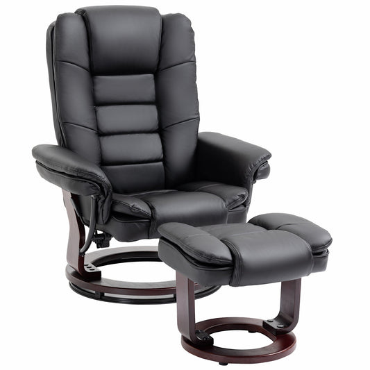 Fotel rozkładany HOMCOM z podnóżkiem, fotel rozkładany o udźwigu do 130 kg, rozkładany obrotowy fotel rozkładany 135°, ergonomiczna sofa rozkładana ze skóry PU z obrotową drewnianą podstawą do salonu, kolor czarny
