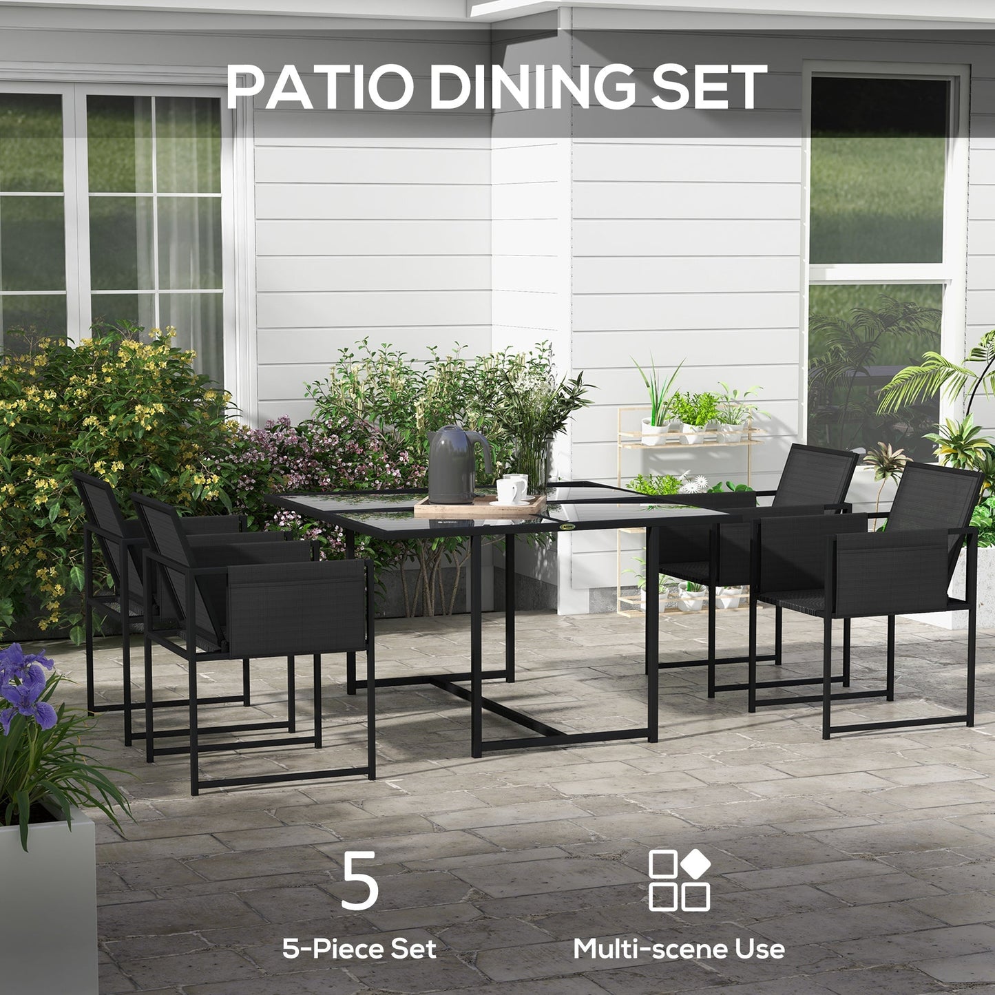 Outsunny 5 Piece Garden Dining Set with Breathable Mesh Seat, Adjustable Backrest, Tempered Glass Table Top for Patio, Black