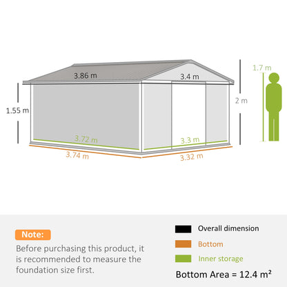 Outsunny 13 x 11ft Metal Garden Shed, Outdoor Storage Tool House with Ventilation Slots, Foundation Kit and Lockable Double Doors, Light Brown