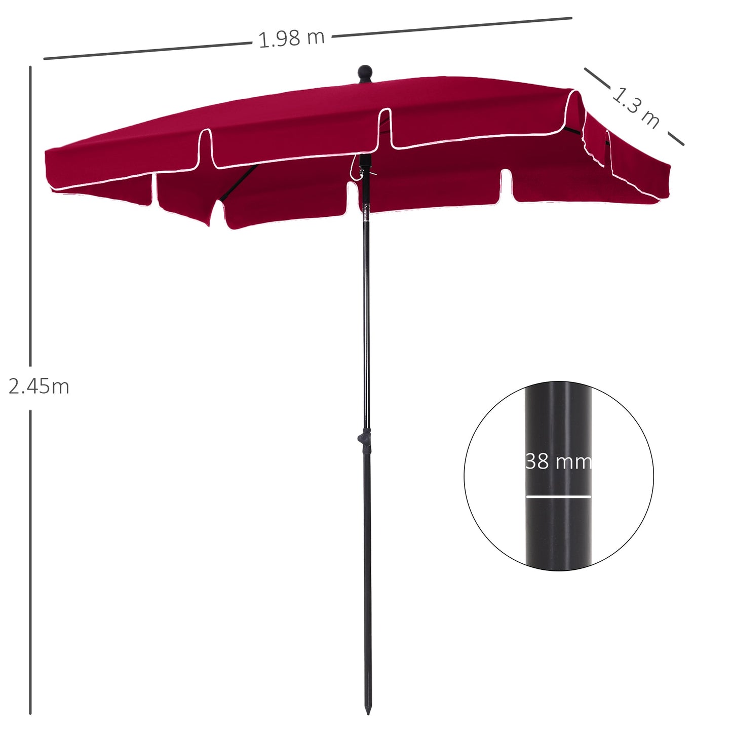 Outsunny Garden Parasol Umbrella, Outdoor Market Table Umbrella with Ruffles & Aluminium Pole, Rectangular Tilting Parasol Sun Shade Canopy, 2 x 1.3m, Red