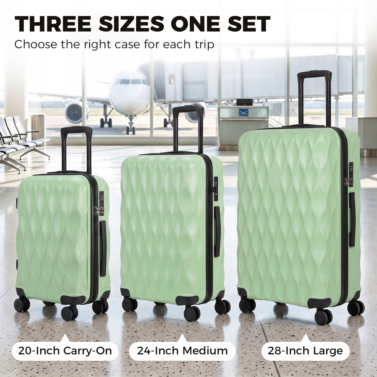HOMCOM 3-Piece Suitcase Set, Hard Shell Carry On & Checked Luggage Set with TSA Lock, 20/24/28 Inch, Green