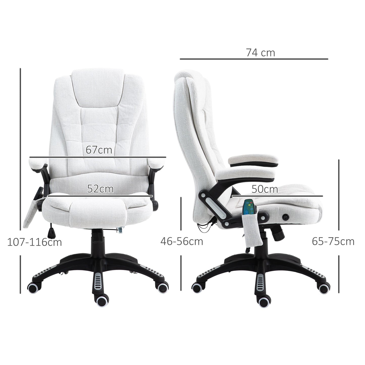 Vinsetto Massage Recliner Chair Heated Office Chair with Six Massage Points Linen-Feel Fabric 360¡ Swivel Wheels Cream White