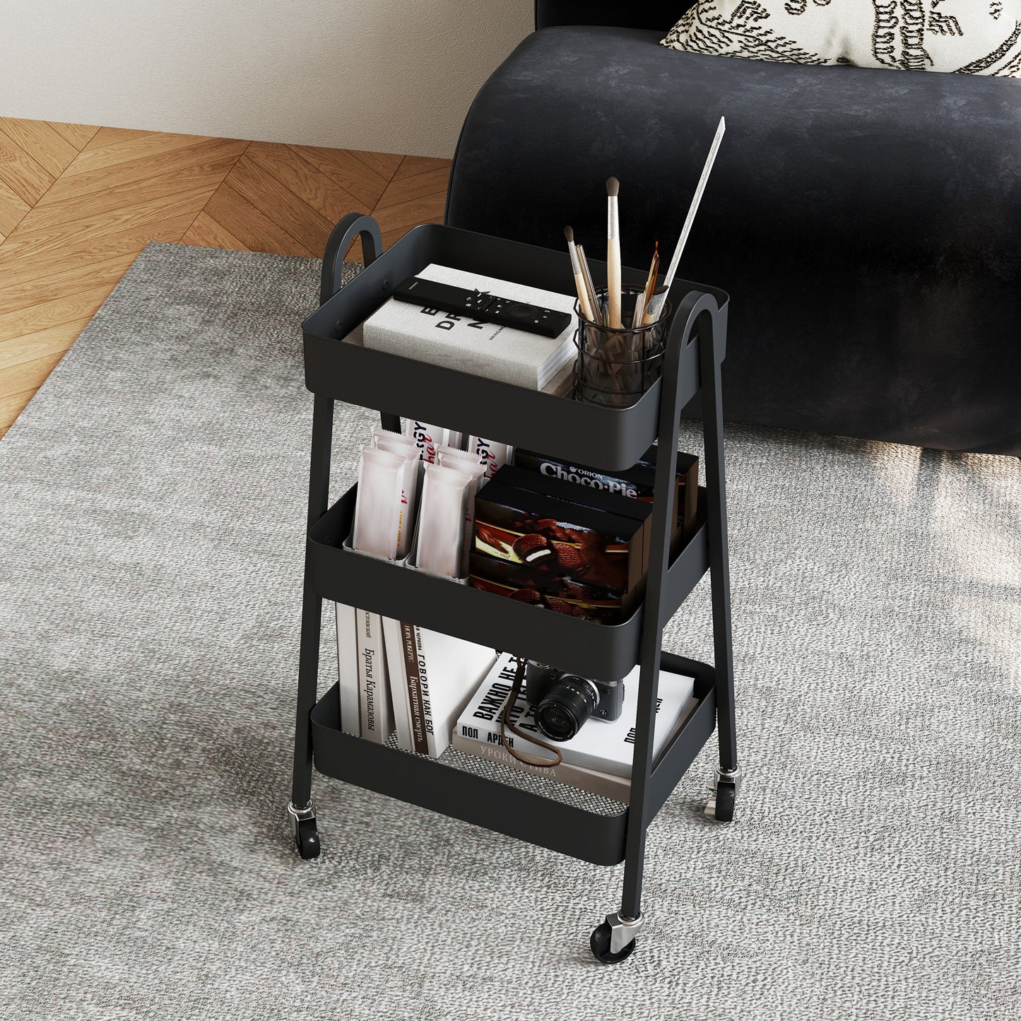 HOMCOM Three-Tier Storage Trolley - Black