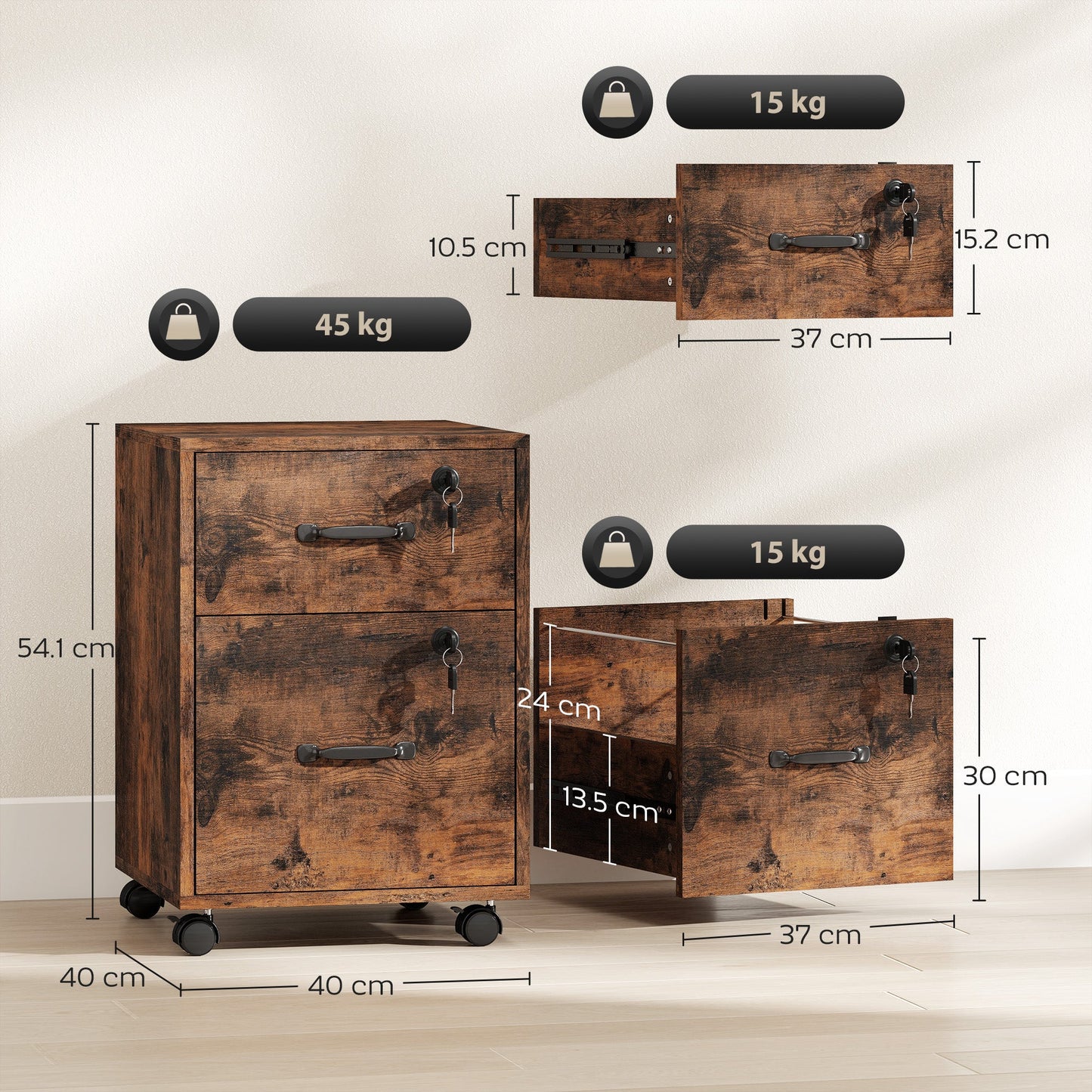 HOMCOM Rolling File Cabinet with 2 Drawers, Mobile Filing Cabinet with Hanging File Folder for Letter Sized Documents, Rustic Brown