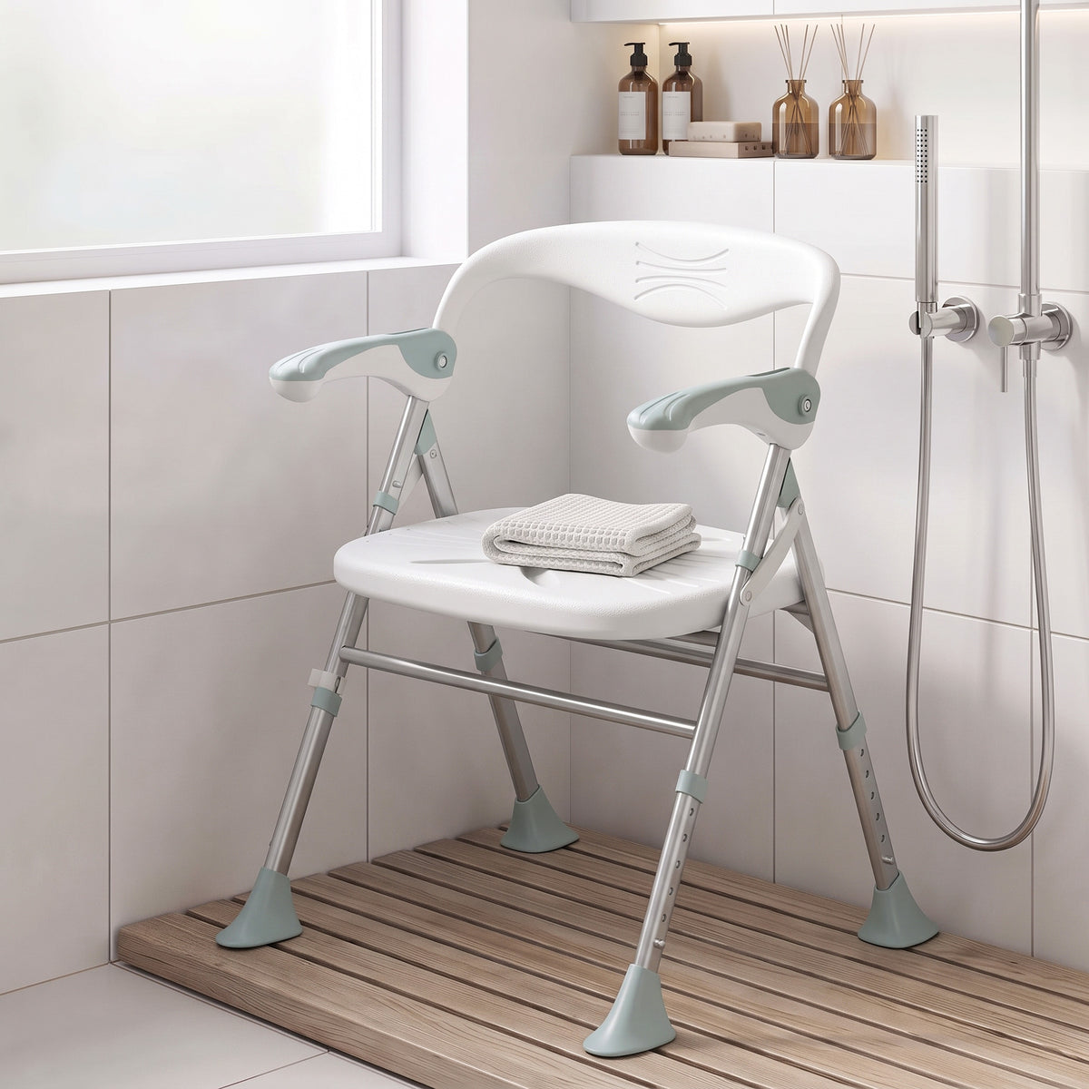 HOMCOM Foldable Shower Chair with Flip-Up Armrests, Shower Stool with Adjustable Height, Tool-Free Assembly, 136 kg
