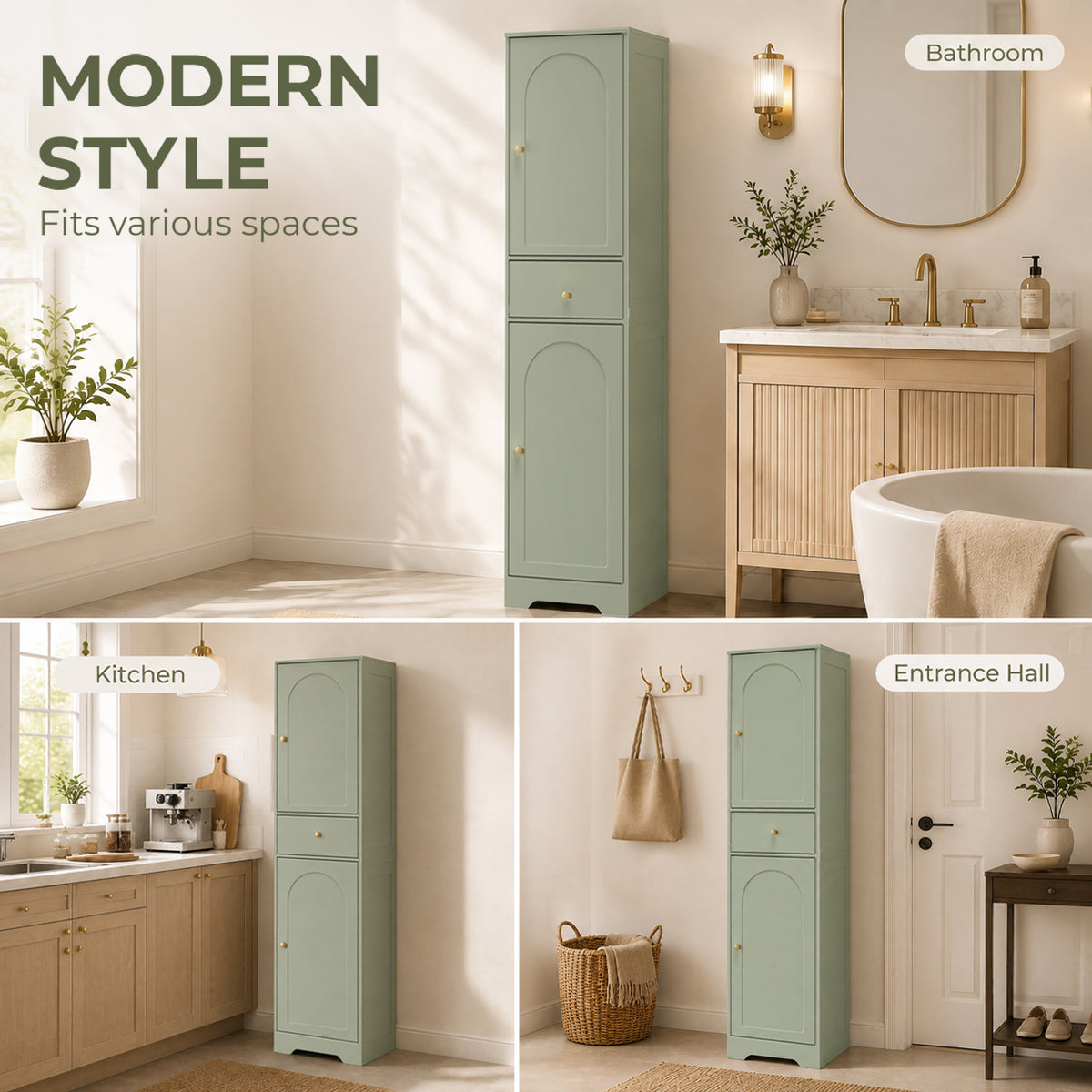 HOMCOM Tall Bathroom Cabinet with Arched Doors - Light Green