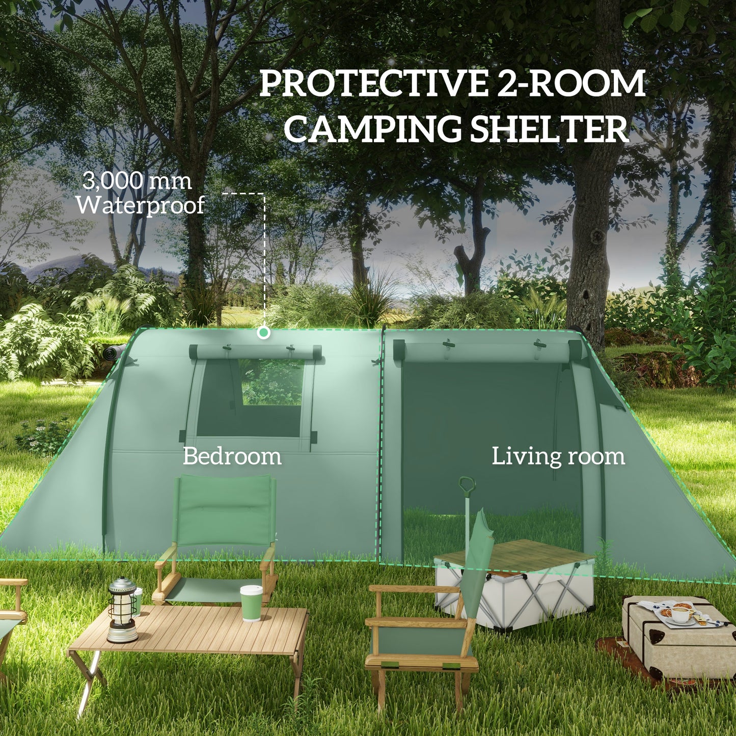 Outsunny Four Man Duo Room Tunnel Tent, with Accessories - Grey