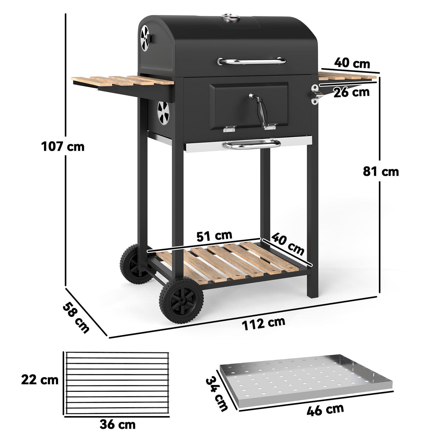 Grill węglowy Outsunny z regulowaną wysokością patelni węglowej, przenośny grill wędzarniczy z rusztem do podgrzewania, 3 półki, wskaźnik temperatury, kółka, otwieracz do butelek do gotowania na świeżym powietrzu, przyjęcie ogrodowe