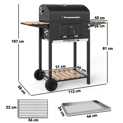 Grill węglowy Outsunny z regulowaną wysokością patelni węglowej, przenośny grill wędzarniczy z rusztem do podgrzewania, 3 półki, wskaźnik temperatury, kółka, otwieracz do butelek do gotowania na świeżym powietrzu, przyjęcie ogrodowe