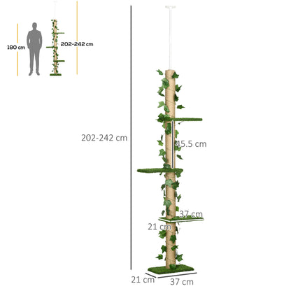 PawHut 242cm Adjustable Floor-To-Ceiling Cat Tree, with Artificial Decoration, Perches, Anti-Slip Kit - Green