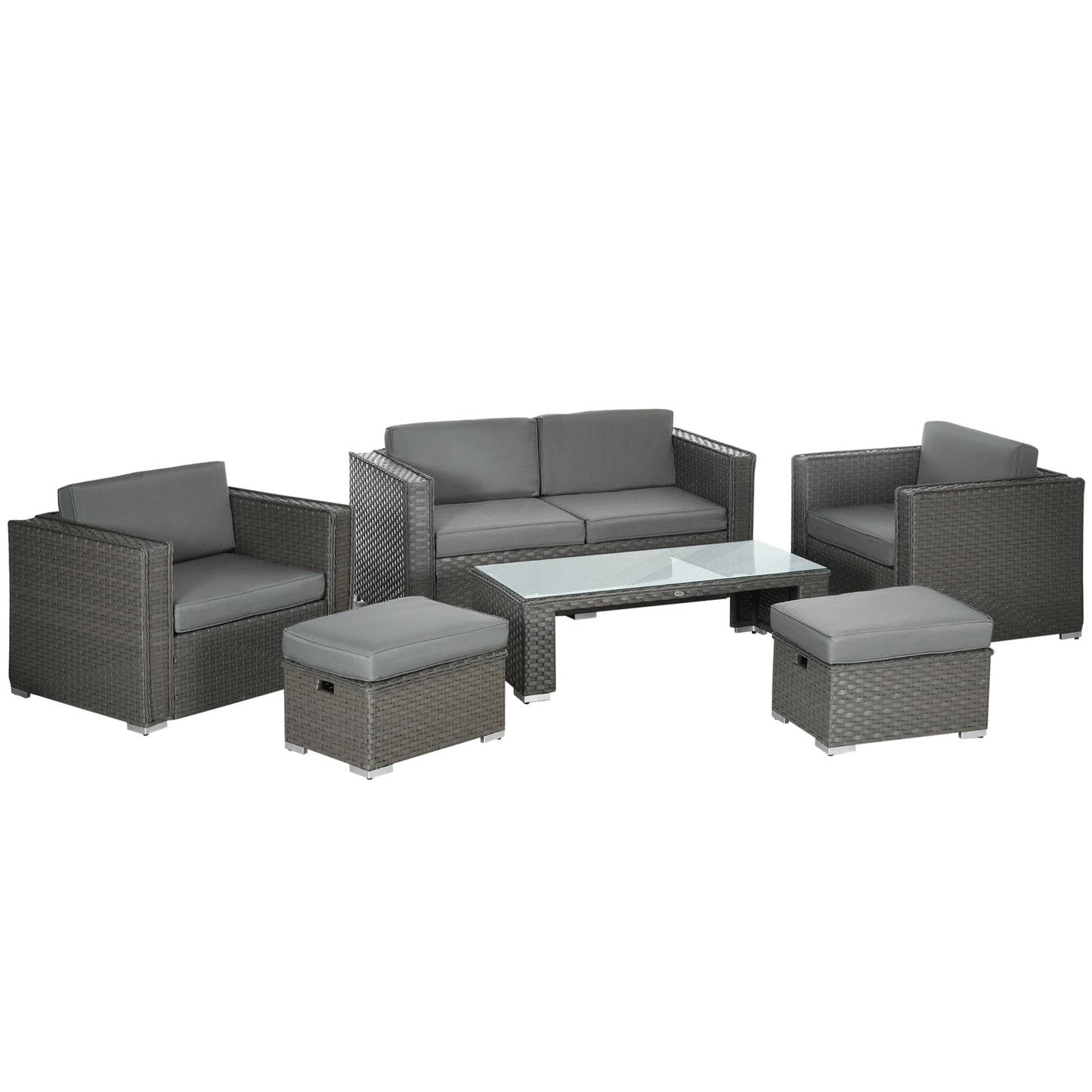 Outsunny 6PC Garden Rattan Sofa Set Bonzer Outdoor Furniture Patio Table Loveseat Stool Lounging Ottoman Aluminium Frame Wicker Weave Conservatory Grey