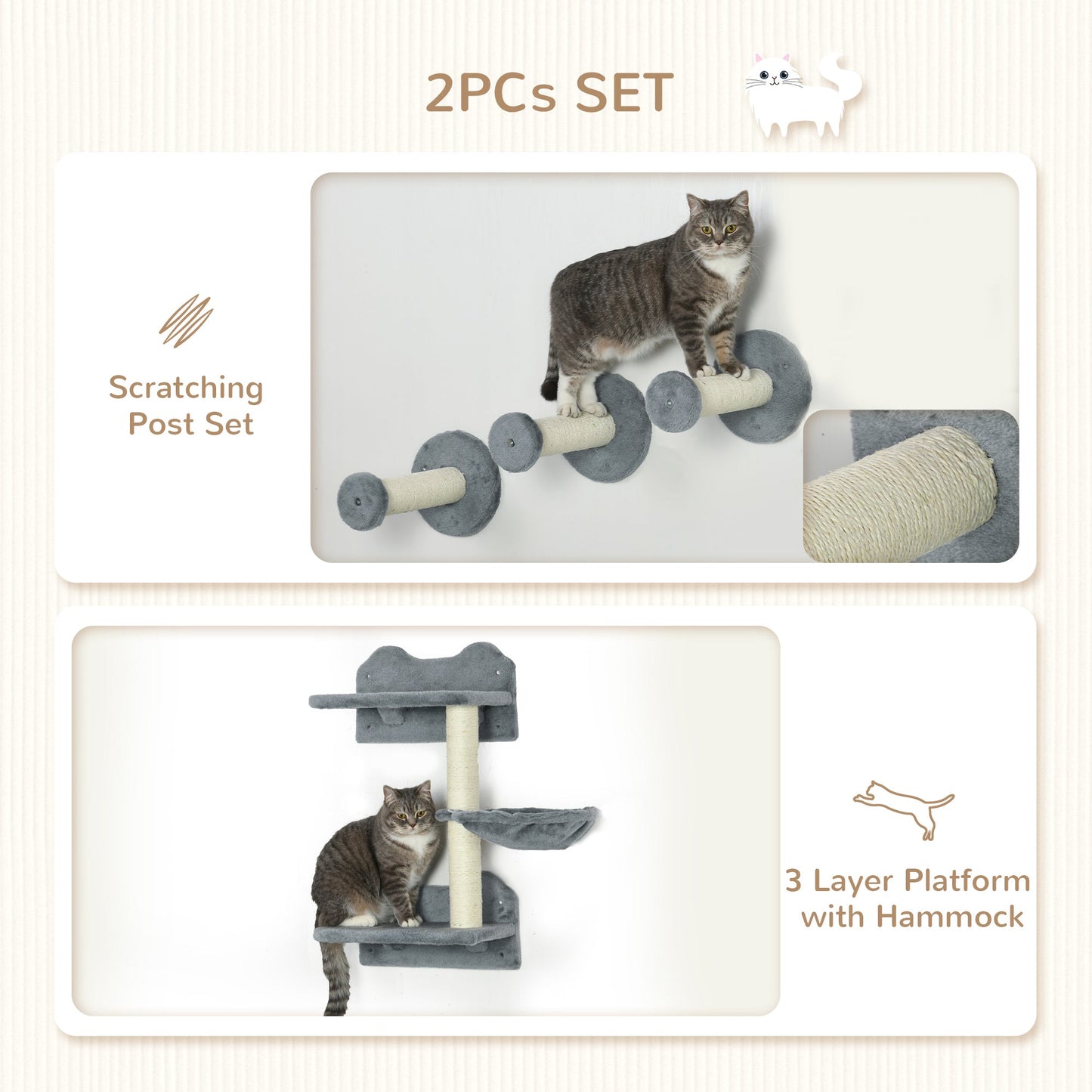 PawHut 4 Piece Cat Shelf with Scratching Post, Wall-Mounted Cat Tree for Indoor Cat - Grey