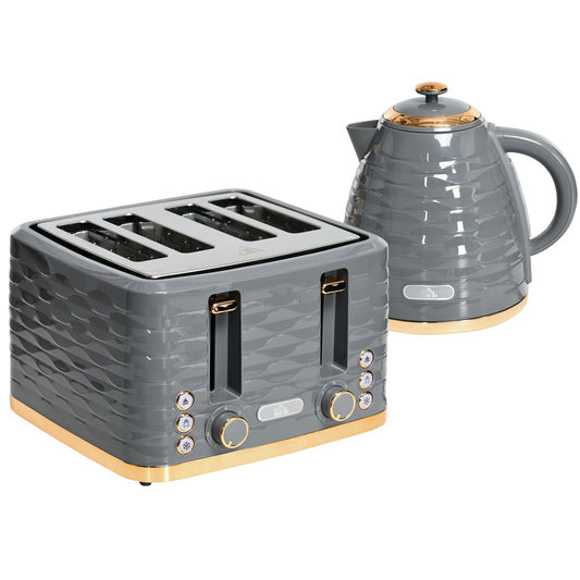 Zestawy czajnika i tostera HOMCOM, czajnik 3000 W 1,7 l do szybkiego gotowania i toster na 4 kromki z 7 przyciskami do przyrumieniania, rozmrażaniem, podgrzewaniem i tacką na okruchy, termostatem Otter, szary