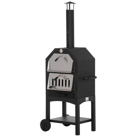 Outsunny Outdoor Garden Pizza Oven, grill węglowy, wolnostojący, 3-poziomowy, z kominem, półką z siatki, uchwytami termometru, kółkami, do spotkań ogrodowych, ze stali nierdzewnej
