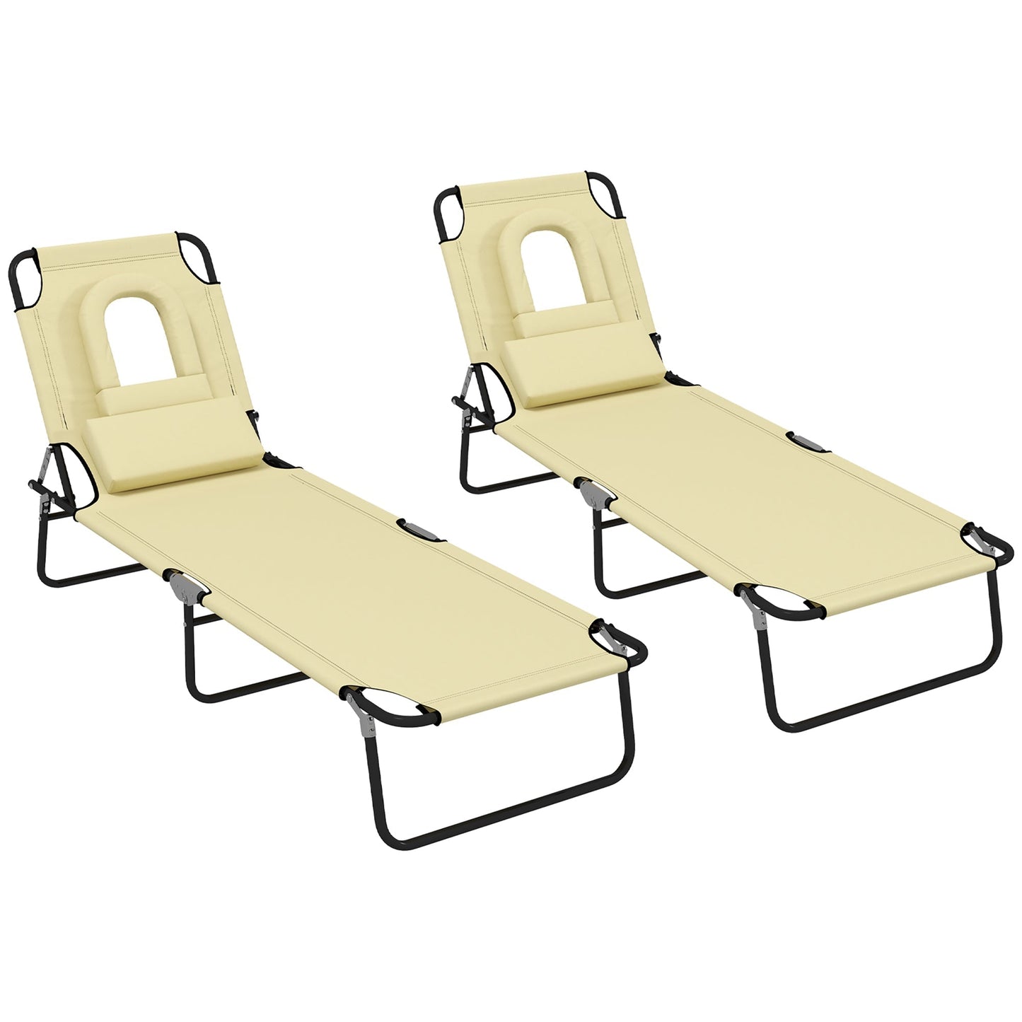 Outsunny Outdoor Folding Sun Lounger Set of 2 with Face Hole, 4 Level Adjustable Backrest Reclining Garden Lounger, Garden Recliner Sunbed with 600 D Oxford Cloth Seat and Pillow for Beach, Beige