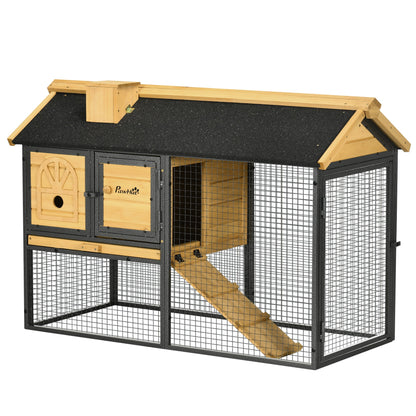 PawHut Outdoor Rabbit Hutch, with Run, Removable Tray, Asphalt Roof, 120 x 55.5 x 80cm