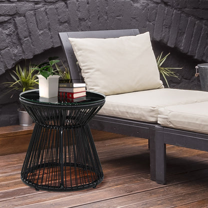 Outsunny Round End Table, Rattan Side Table, Hollow Drum Design Coffee Table w/ Glass Tabletop for Patio, Garden, Balcony Black